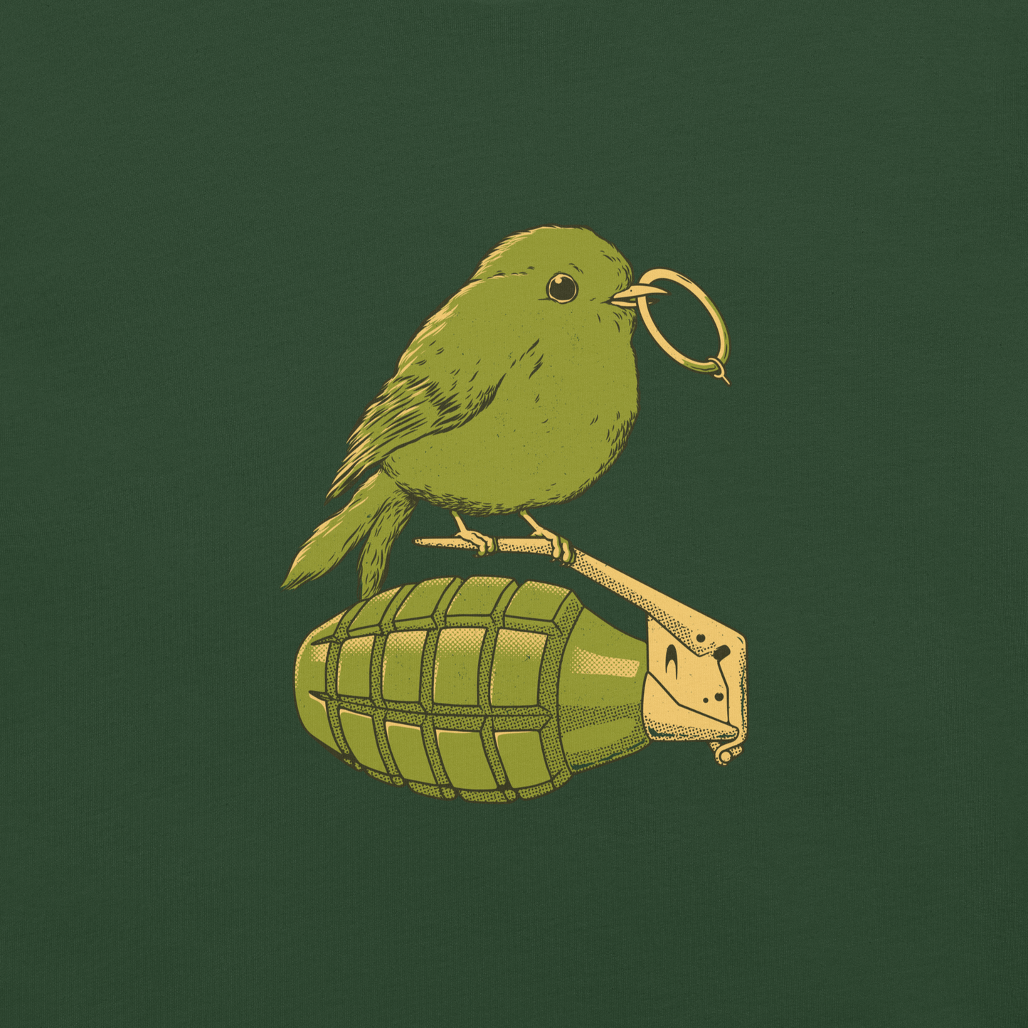 A small, detailed bird with a realistic style perches on top of a hand grenade. The bird holds the pin of the grenade in its beak, giving the image a whimsical yet ironic feel. The color palette consists of shades of green and tan, with a playful blend of nature and military elements. The overall vibe is quirky and thought-provoking, blending humor with a hint of danger.