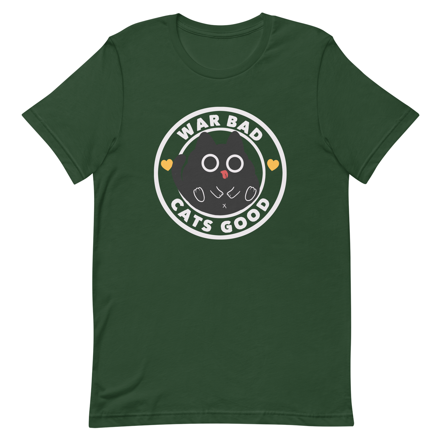 A chubby black cat with big round eyes sits in the center of a circle with the words “War Bad, Cats Good.” This artwork mixes cuteness with a powerful message, reminding us that peace and love always win over conflict. Perfect for cat lovers, peace advocates, and anyone who enjoys playful yet meaningful designs.