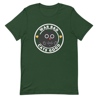 A chubby black cat with big round eyes sits in the center of a circle with the words “War Bad, Cats Good.” This artwork mixes cuteness with a powerful message, reminding us that peace and love always win over conflict. Perfect for cat lovers, peace advocates, and anyone who enjoys playful yet meaningful designs.