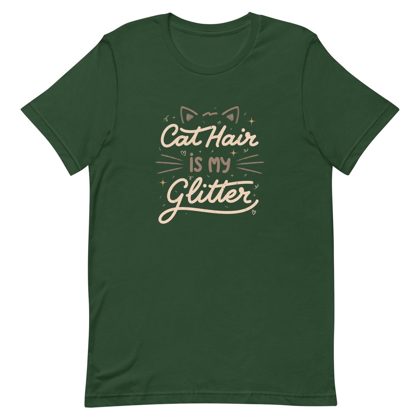 This artwork features fun lettering with the phrase "Cat Hair is My Glitter," accompanied by cat ears, hearts, and gold glitter. It humorously celebrates the lives of those who live with cats and have grown accustomed to having fur everywhere. Ideal for feline lovers who wear their furry coats as if they were real glitter.