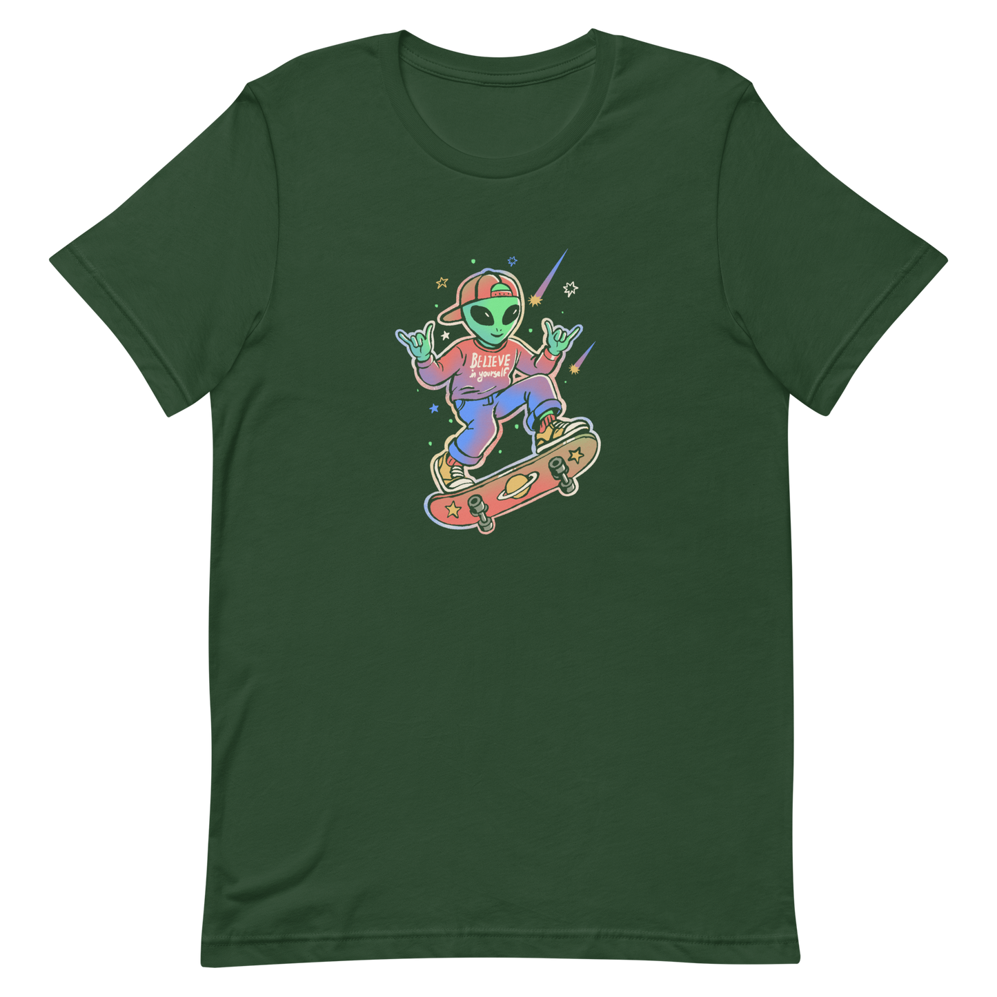 A stylish alien rides a cosmic skateboard, wearing a sweatshirt that says "Believe in Yourself". The artwork blends humor, urban culture, and a space-themed feel with vibrant colors. Ideal for alien fans, skateboard lovers, and anyone who enjoys creative prints with a positive message.