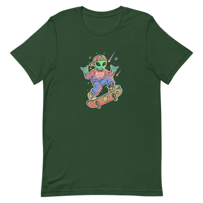 A stylish alien rides a cosmic skateboard, wearing a sweatshirt that says "Believe in Yourself". The artwork blends humor, urban culture, and a space-themed feel with vibrant colors. Ideal for alien fans, skateboard lovers, and anyone who enjoys creative prints with a positive message.