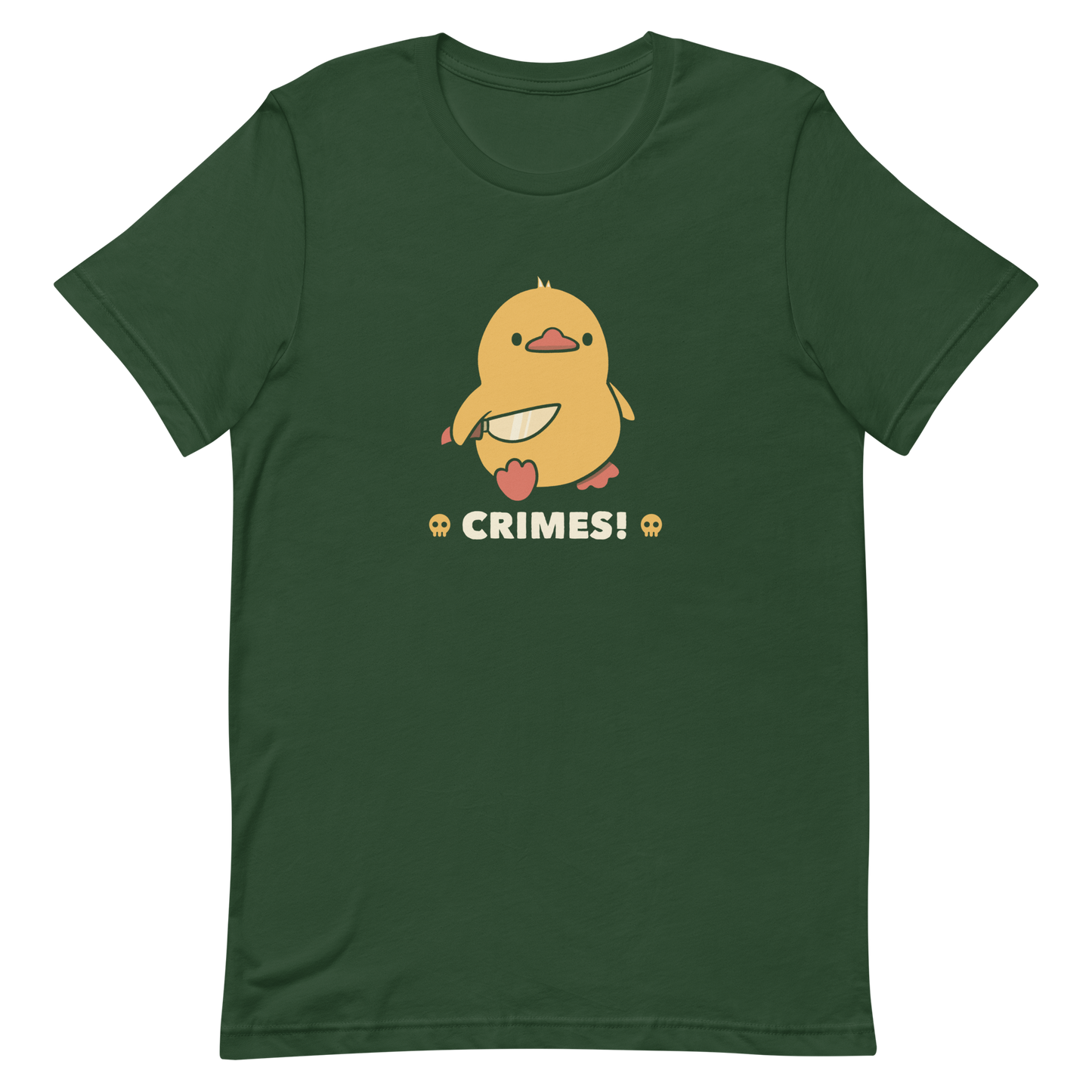 A cute yellow duck holding a small knife, with the text "Crimes" below it. This artwork blends humor with the ducks' temperament.