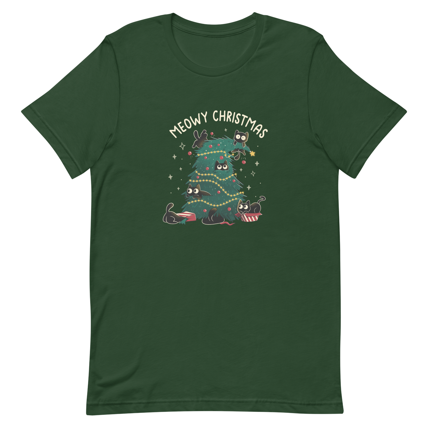 A Christmas tree full of black kittens hanging from it as if they were playing with it, an art that plays on how cats love Christmas trees. A perfect gift for anyone who loves Christmas and cats.