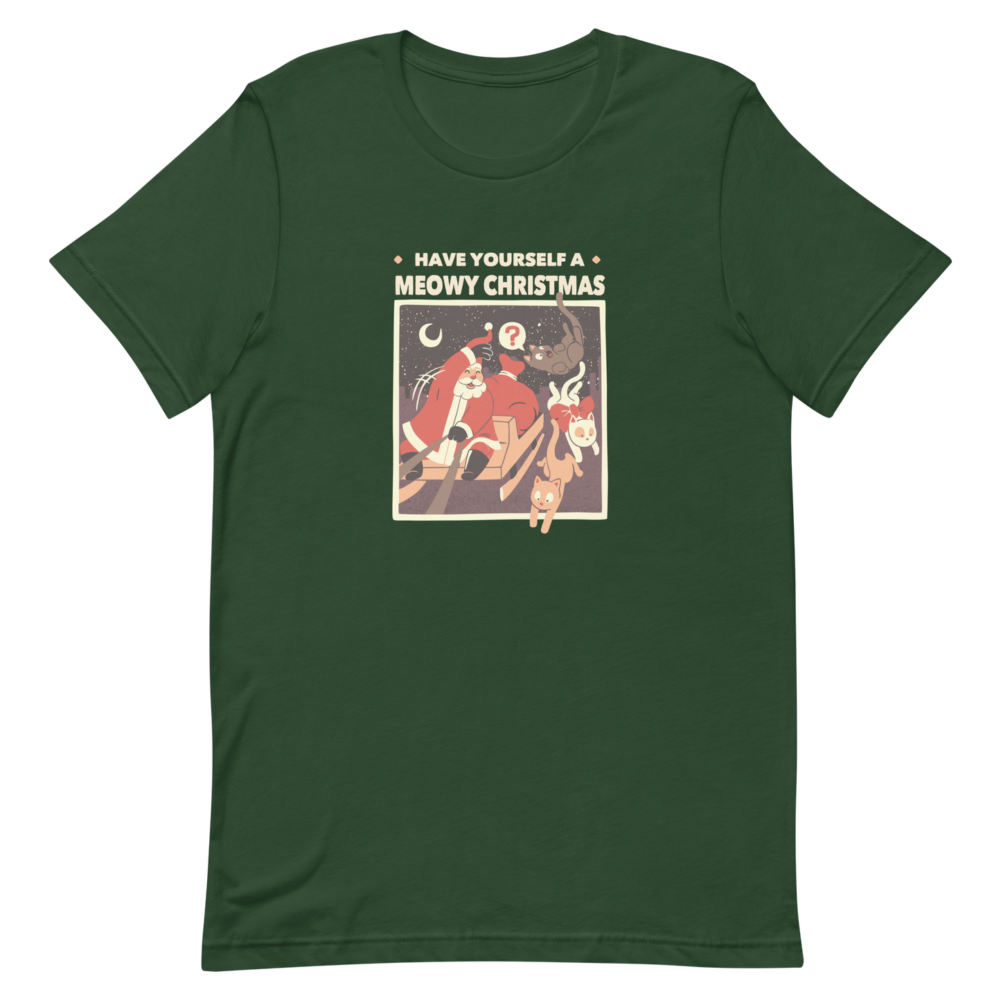 An illustration of Santa Claus flying across the Christmas Eve sky in his sleigh, tossing adorable kittens as gifts, paired with the phrase “Have Yourself a Meowy Christmas”. A playful and charming design that makes the perfect holiday gift for cat lovers and anyone who enjoys cute, quirky Christmas art.