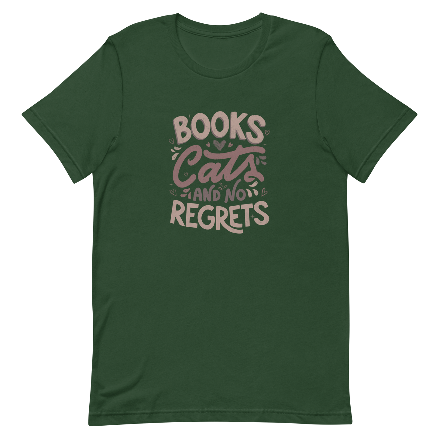 A stylish lettering with the phrase "Books, Cats, and No Regrets," decorated with hearts and cute details, conveys the idea that books and cats are all we need for a happy, regret-free life. Perfect for book lovers and cat lovers who enjoy prints full of personality.