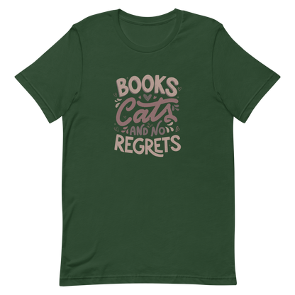 A stylish lettering with the phrase "Books, Cats, and No Regrets," decorated with hearts and cute details, conveys the idea that books and cats are all we need for a happy, regret-free life. Perfect for book lovers and cat lovers who enjoy prints full of personality.