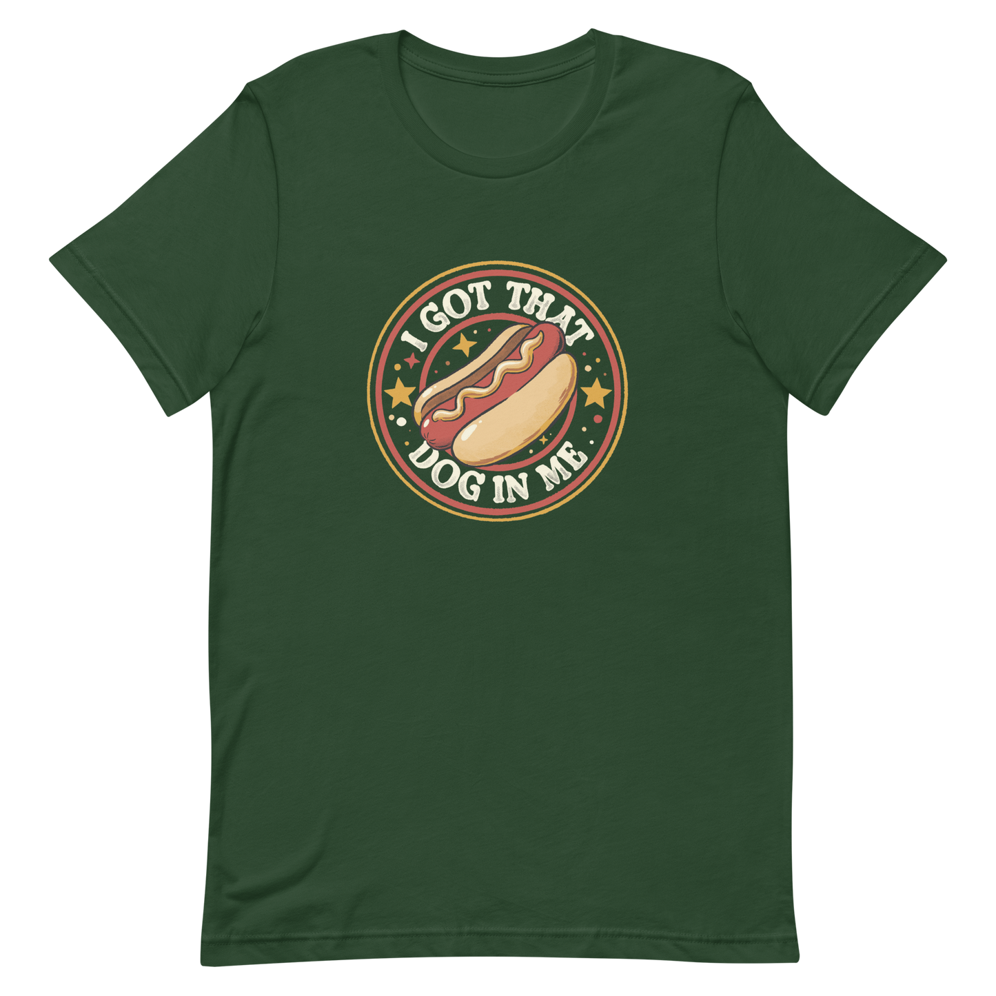 A retro-styled hotdog illustration surrounded by stars with the phrase “I Got That Dog In Me”. It combines humor and vintage design with a playful twist on the popular meme expression. The perfect gift for meme lovers, food enthusiasts, and anyone who enjoys bold, funny, and quirky designs.