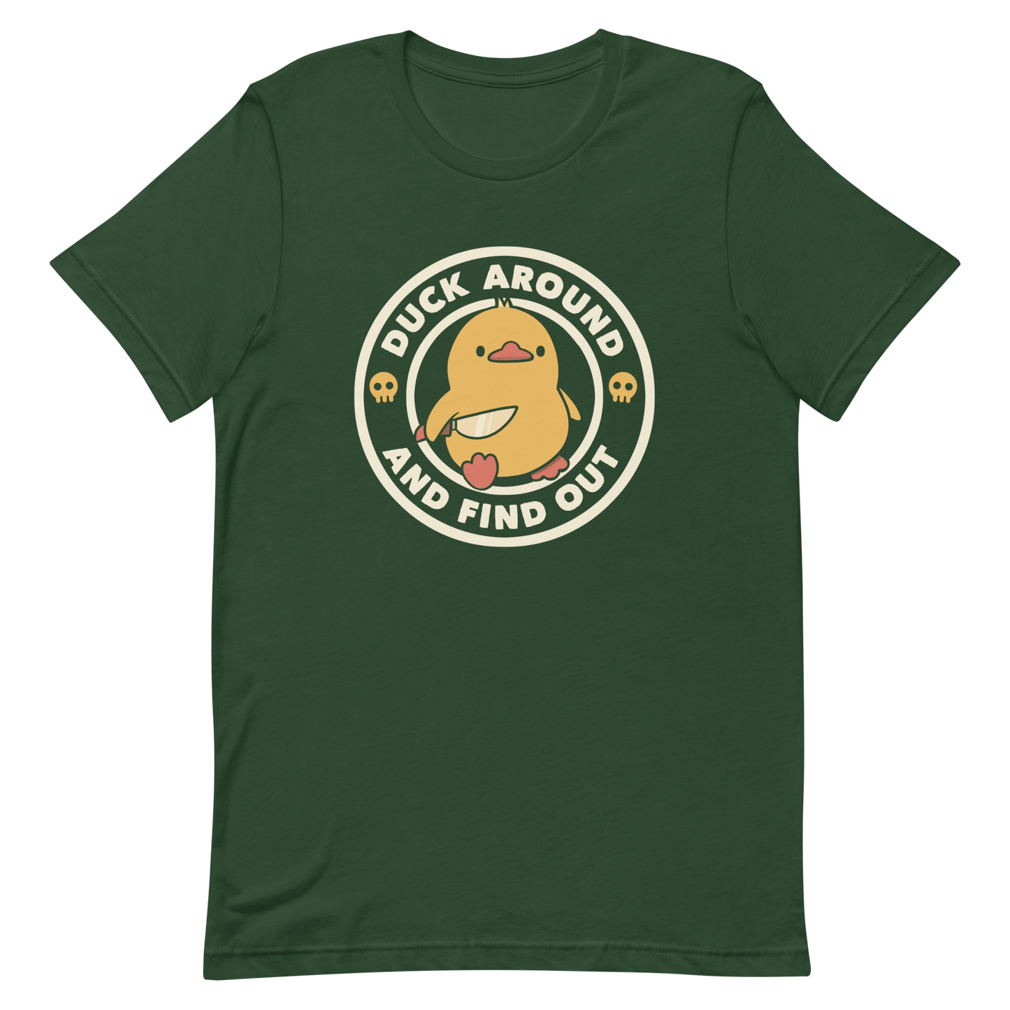 A cute yellow duck holding a small knife, around it the text "Duck Around And Find Out". An art that mixes humor with the temperament of ducks.