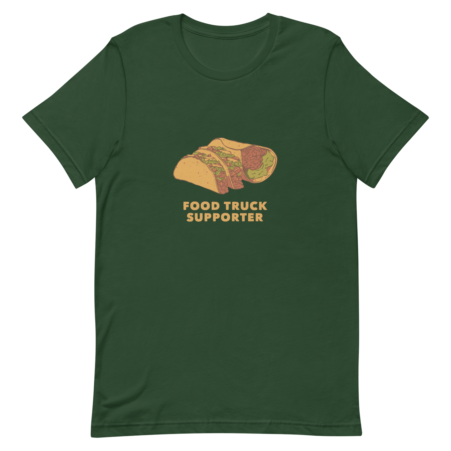 Two delicious tacos and a burrito with the phrase below "Food Truck Supporter". This design celebrates the love of street food and the joy of discovering amazing flavors on wheels. Perfect for Mexican food lovers, taco fans, and anyone who proudly supports local food trucks.