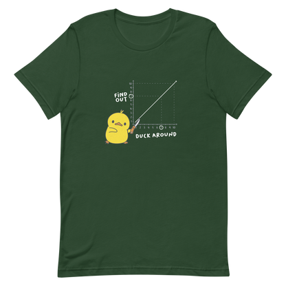 A cute little duckling holds a knife and points to a graphic depicting the inevitable connection between "Duck Around" and "Find Out." This design is a visual play on the famous "F*uck around and find out" meme, reimagined with humor and cuteness. Perfect for those who love ducks, memes, and a touch of clever chaos.