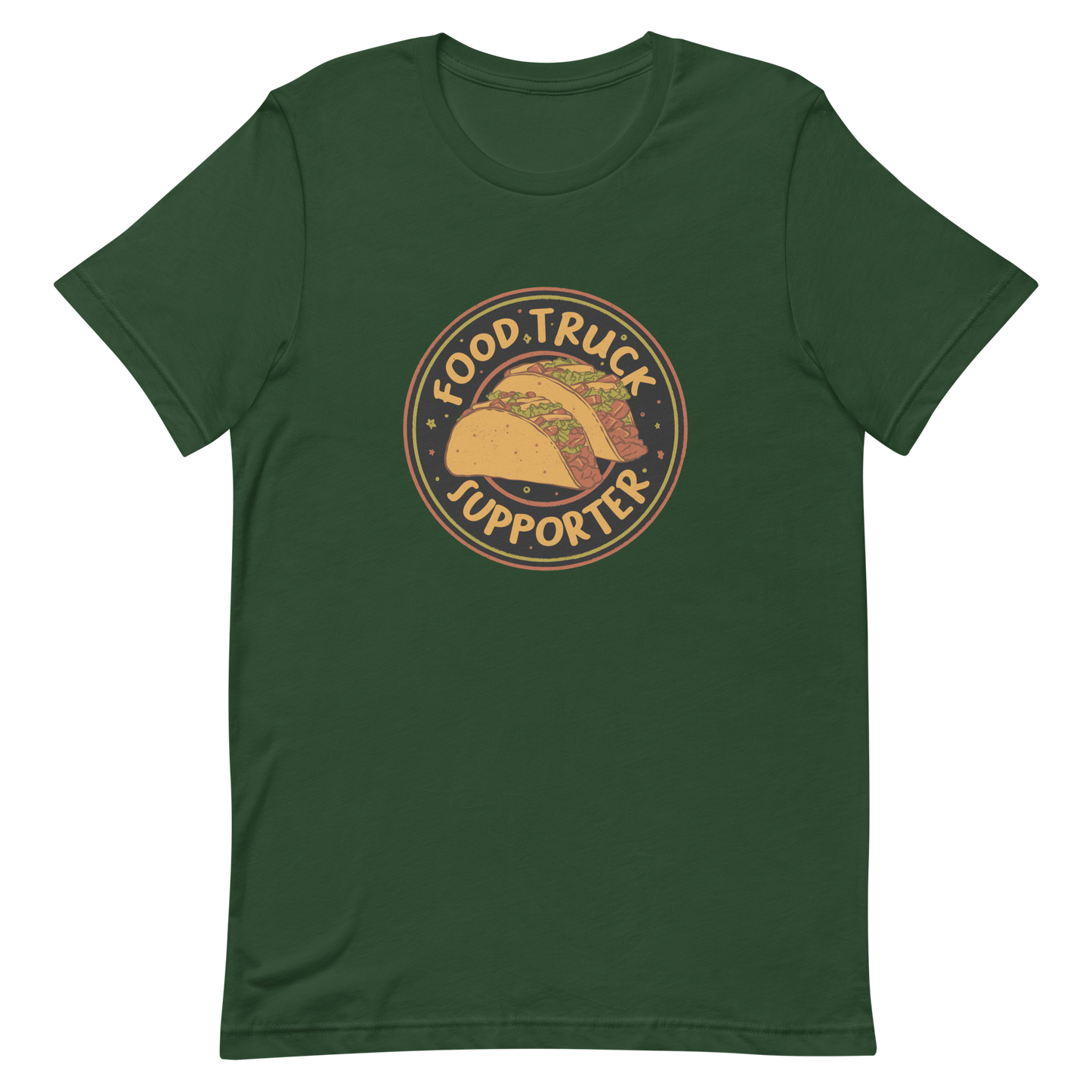 Two delicious tacos sit at the center of a bold circular badge under the phrase “Food Truck Supporter”. This design celebrates the love for street food and the joy of discovering amazing flavors on wheels. Perfect for foodies, taco lovers, and anyone who proudly supports their local food trucks.