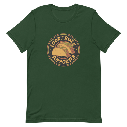 Two delicious tacos sit at the center of a bold circular badge under the phrase “Food Truck Supporter”. This design celebrates the love for street food and the joy of discovering amazing flavors on wheels. Perfect for foodies, taco lovers, and anyone who proudly supports their local food trucks.