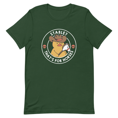 A cute duck dressed as a cowboy, wearing a hat and holding a wood horse, surrounded by the phrase "Stable? That's for horses". This design blends dark humor and cuteness, punning on emotional stability and a stable. Perfect for duck lovers, funny prints, and fans of irreverent humor.