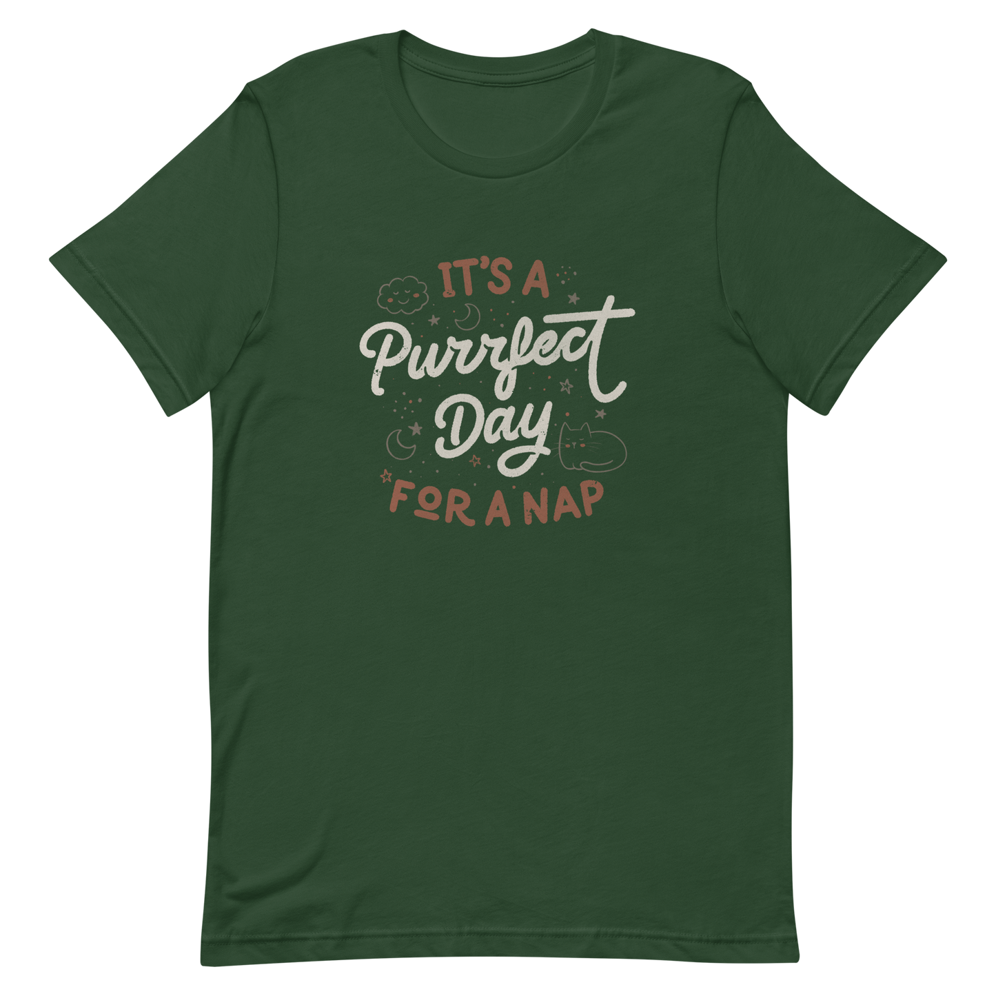 The artwork features the lettering "It's a Purrfect Day for a Nap" in a cute retro style, with a smiling cloud, stars, moons, and a relaxing kitten. This composition plays on the pun of "purrfect" and conveys all the charm of felines in their favorite moment: napping. Ideal for cat lovers, fans of funny phrases, and those who love to transform laziness into a lifestyle.