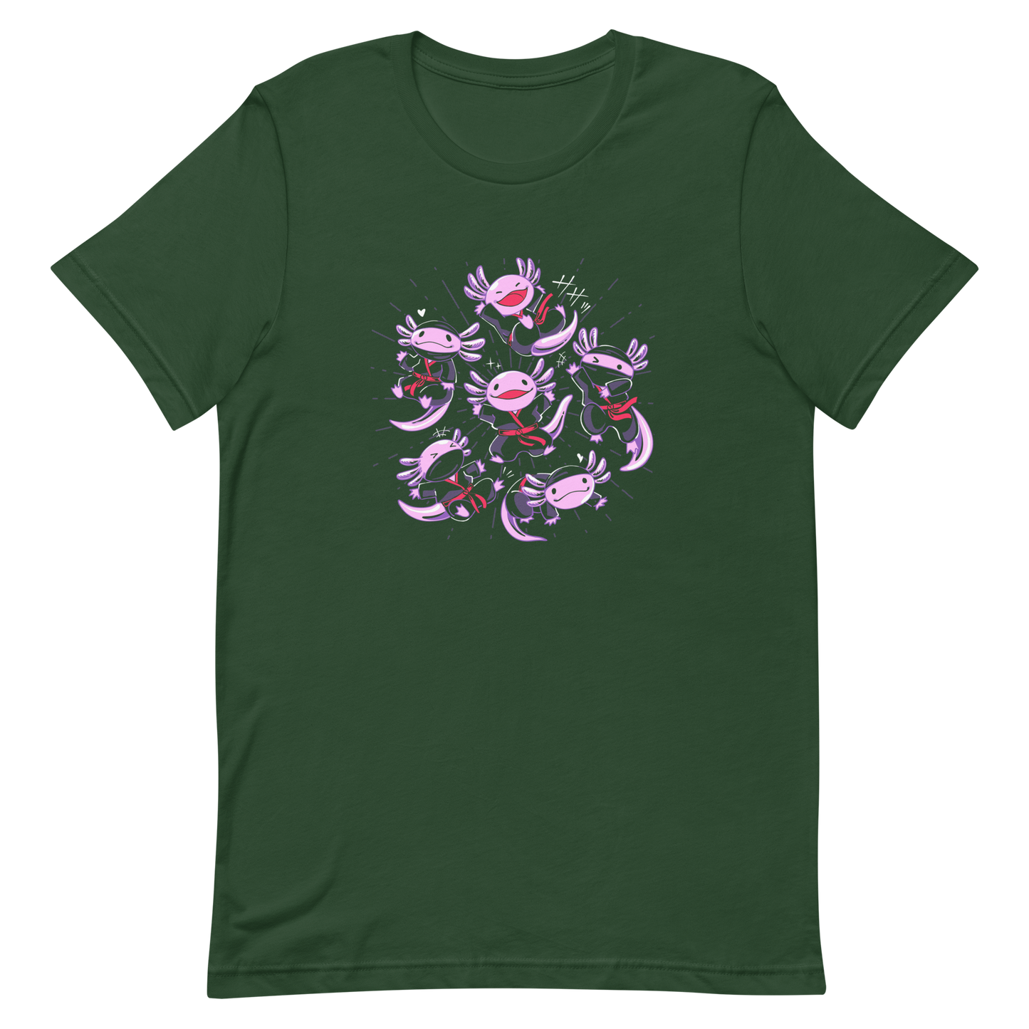 Several axolotls dressed as ninjas, each in different, energetic poses. This design combines cuteness and martial arts in a fun and unique scene. Ideal for axolotl fans, Japanese culture lovers, and those who enjoy fun and original prints.