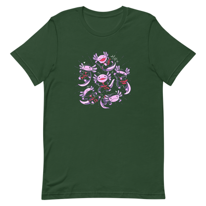 Several axolotls dressed as ninjas, each in different, energetic poses. This design combines cuteness and martial arts in a fun and unique scene. Ideal for axolotl fans, Japanese culture lovers, and those who enjoy fun and original prints.