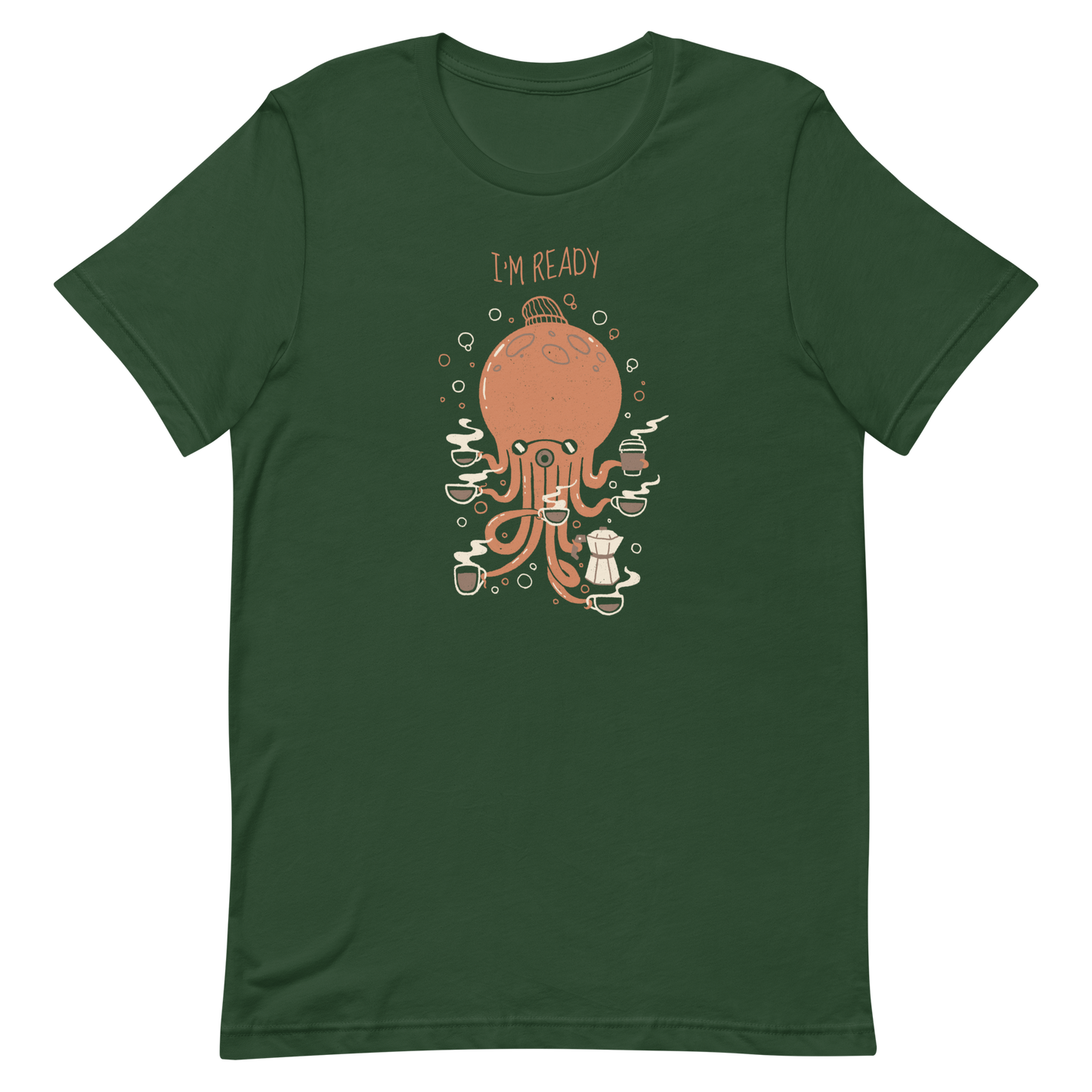 An orange octopus wearing a cap, balancing several cups of steaming coffee on its tentacles. This design blends the marine world with a passion for coffee, creating a fun and energetic scene. Ideal for coffee lovers, fans of funny illustrations, and anyone who needs a stylish morning pick-me-up.