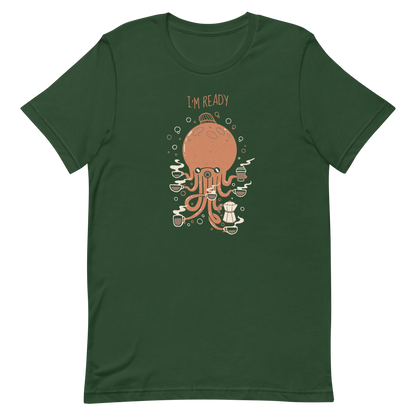 An orange octopus wearing a cap, balancing several cups of steaming coffee on its tentacles. This design blends the marine world with a passion for coffee, creating a fun and energetic scene. Ideal for coffee lovers, fans of funny illustrations, and anyone who needs a stylish morning pick-me-up.