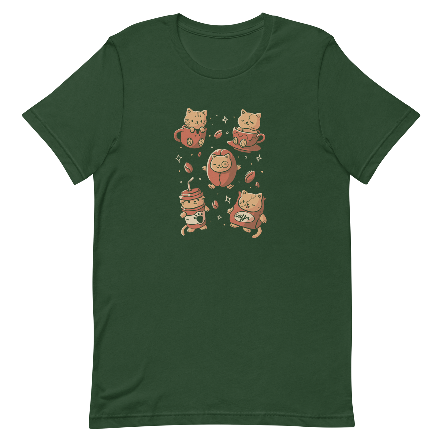 The design shows cute kittens interacting with coffee-themed elements. One kitten sits in a mug, another in a cup, a third in a coffee bean, while two wear coffee cup and bag costumes. The style is playful and cartoonish with a warm color palette and whimsical coffee beans scattered around.