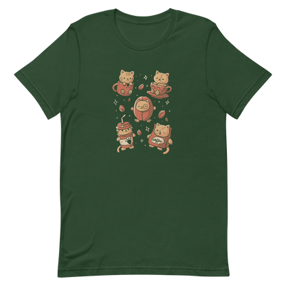 The design shows cute kittens interacting with coffee-themed elements. One kitten sits in a mug, another in a cup, a third in a coffee bean, while two wear coffee cup and bag costumes. The style is playful and cartoonish with a warm color palette and whimsical coffee beans scattered around.