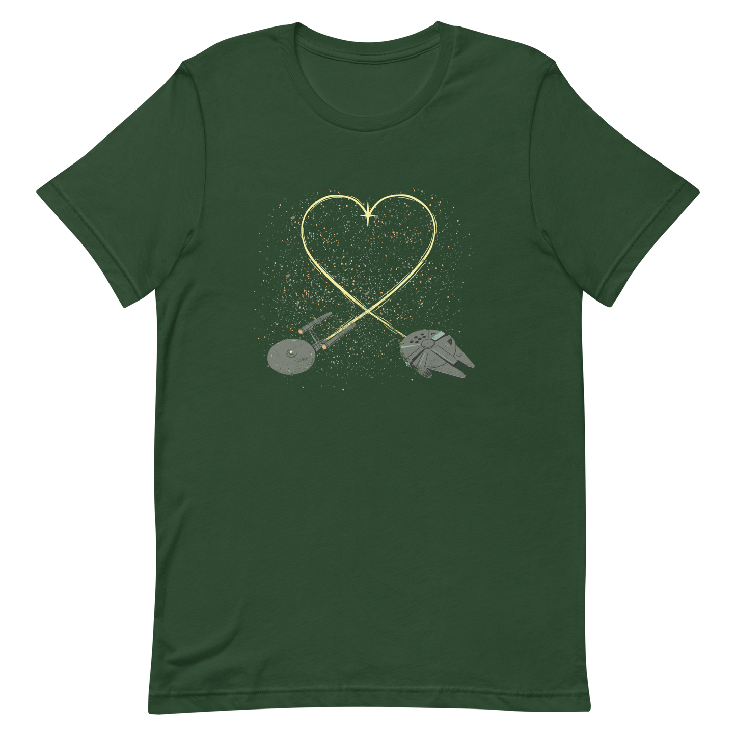 A romantic sci-fi illustration of two retro-inspired spaceships flying through space, their trails forming a heart shape. A subtle tribute to classic science fiction adventures, perfect for sci-fi fans who love a touch of romance.