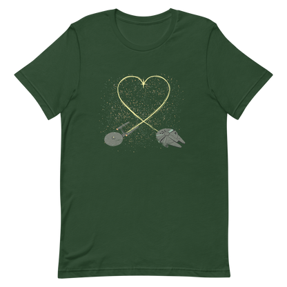 A romantic sci-fi illustration of two retro-inspired spaceships flying through space, their trails forming a heart shape. A subtle tribute to classic science fiction adventures, perfect for sci-fi fans who love a touch of romance.