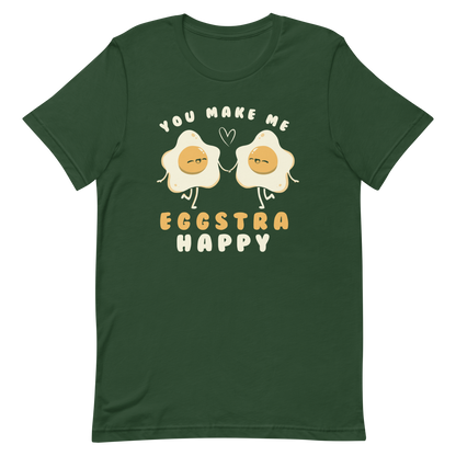 A fun and cute art of two bouncy starry eggs as if they were lovers, next to them the phrase "You make me eggstra happy". A humorous gift that combines love and eggs.