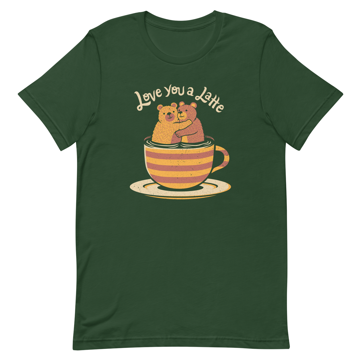 A cute Valentine’s Day illustration featuring two teddy bears hugging inside a cup of black coffee, paired with the phrase “I Love You a Latte”. A sweet and cosy design for coffee lovers, bear fans, and anyone who enjoys playful, romantic humour.

