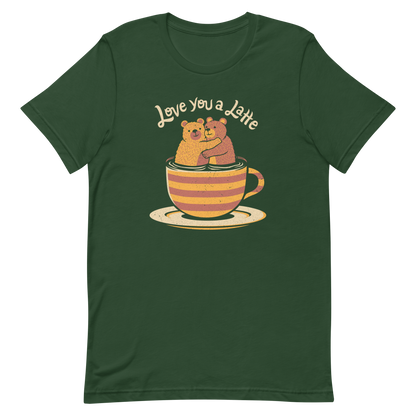 A cute Valentine’s Day illustration featuring two teddy bears hugging inside a cup of black coffee, paired with the phrase “I Love You a Latte”. A sweet and cosy design for coffee lovers, bear fans, and anyone who enjoys playful, romantic humour.

