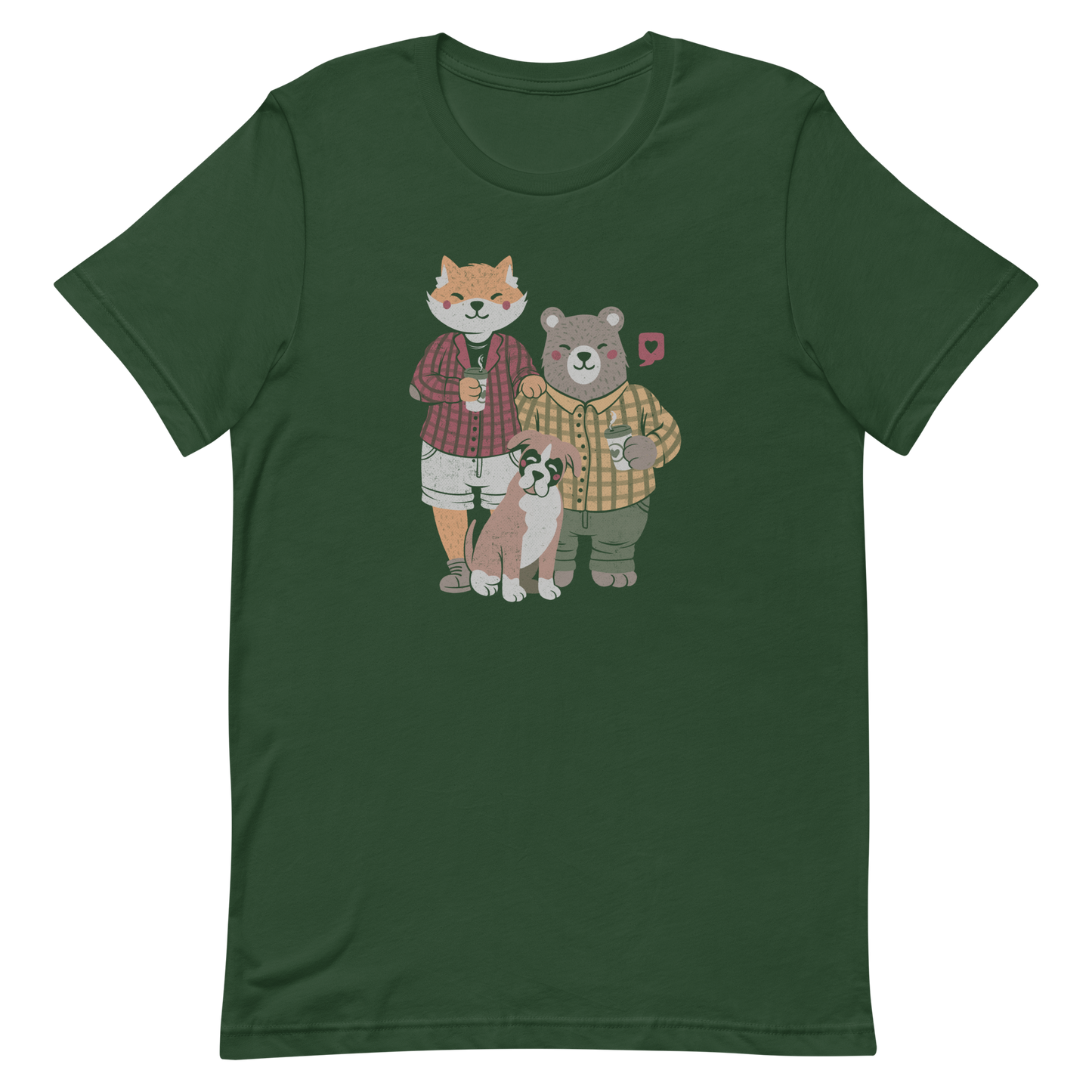 A beautiful family made up of a little red fox, a gray bear wearing plaid shirts and having a coffee with their boxer dog. An art that shows that families can be different what matters is love.
