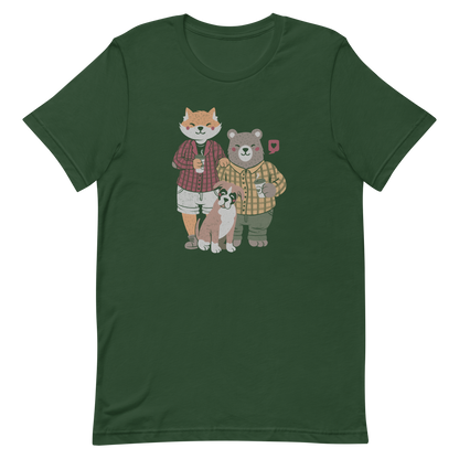 A beautiful family made up of a little red fox, a gray bear wearing plaid shirts and having a coffee with their boxer dog. An art that shows that families can be different what matters is love.