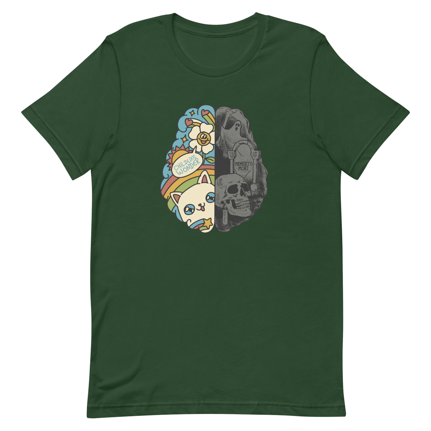 This artwork depicts a split brain, one side cheerful and vibrant with a cute cat, rainbows, and the phrase "Childlike Wonder," the other dark and gothic with skulls and the inscription "Memento Mor". It represents the duality between life and mortality, joy and decay. A perfect choice for fans of art with a macabre yet cute touch, psychological themes, and people who have an inner duality.