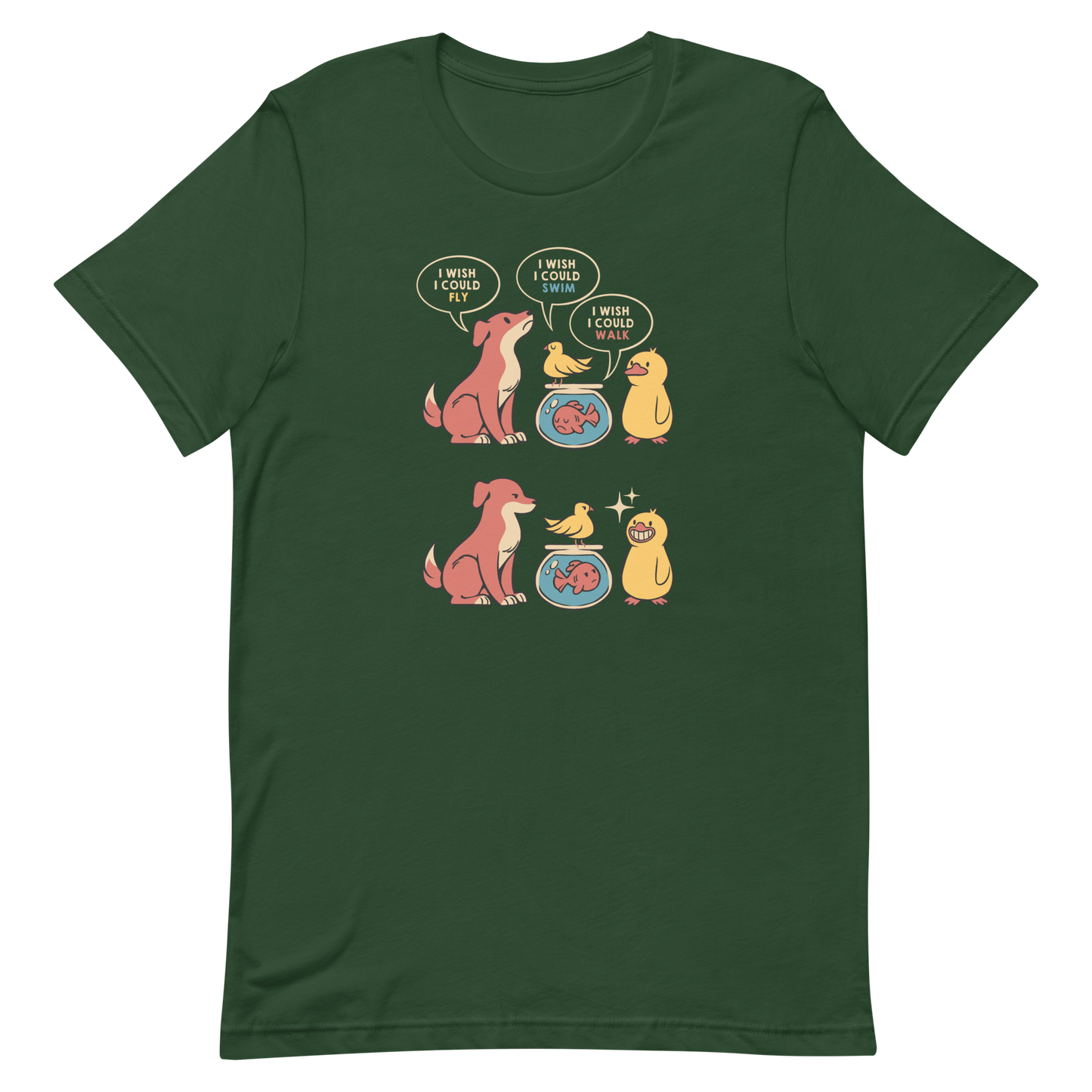 This funny and heartwarming illustration shows a dog, a bird, a fish and a duck each wishing they could do what the others can — fly, swim or walk. In the end, the duck proudly realizes it can do all three, delivering a cute reminder to appreciate your own abilities. A perfect illustration for animal lovers and fans of positive, humorous art.