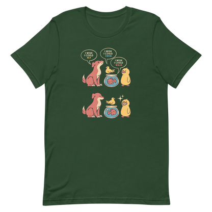 This funny and heartwarming illustration shows a dog, a bird, a fish and a duck each wishing they could do what the others can — fly, swim or walk. In the end, the duck proudly realizes it can do all three, delivering a cute reminder to appreciate your own abilities. A perfect illustration for animal lovers and fans of positive, humorous art.