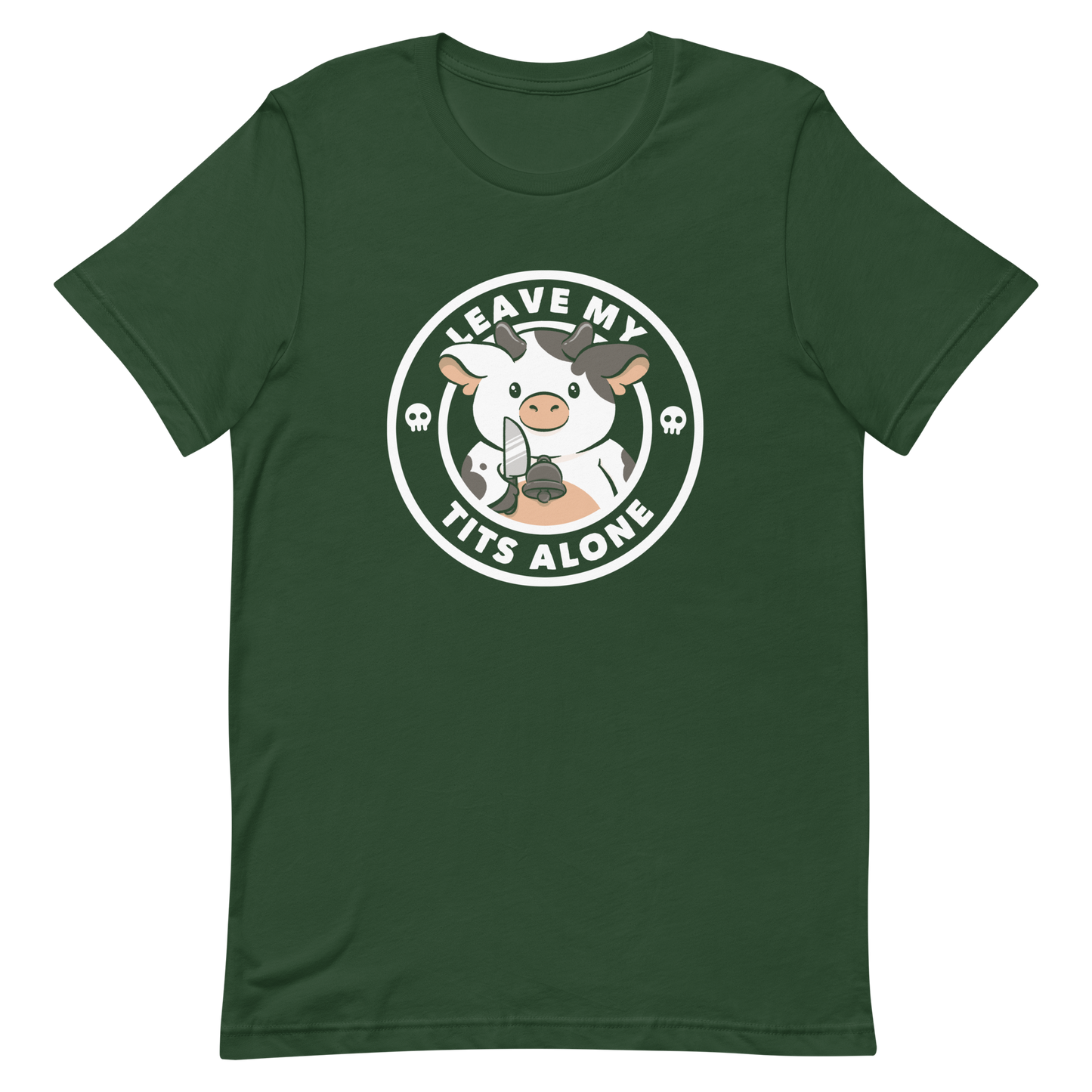 A quirky stamp-style design featuring a cute spotted cow holding a knife with the phrase “Leave My Tits Alone.” It mixes humor, attitude, and a playful call for animal respect. Perfect for cow lovers, fans of sassy humor, and anyone who supports animal rights.