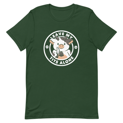 A quirky stamp-style design featuring a cute spotted cow holding a knife with the phrase “Leave My Tits Alone.” It mixes humor, attitude, and a playful call for animal respect. Perfect for cow lovers, fans of sassy humor, and anyone who supports animal rights.