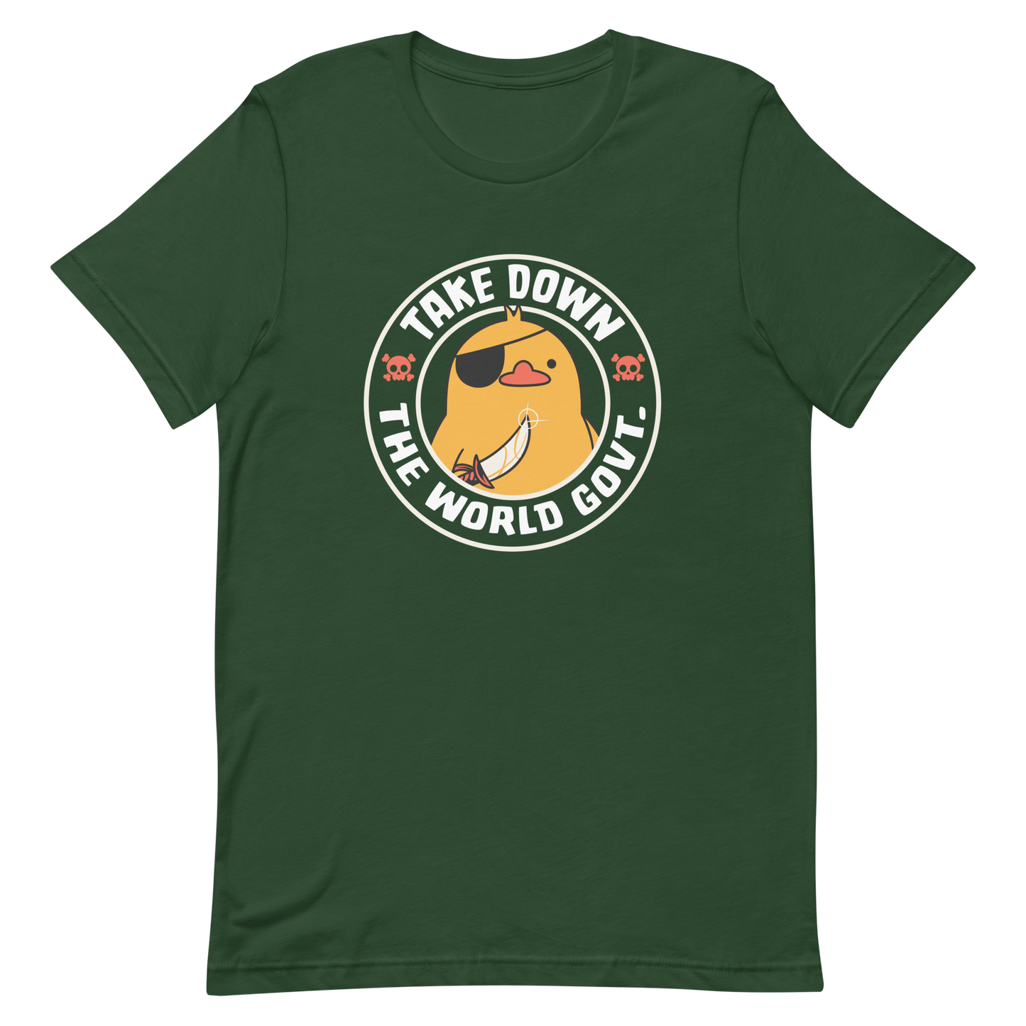 A stamp-like design featuring a fearless duck wearing an eyepatch and wielding a sword, with the words “Take Down The World Govt.” written around it. This artwork represents rebellion and independence for those who refuse to follow rules . Ideal for free-spirited people, pirate adventures appreciators, duck lovers or those who simply enjoy unique and irreverent art.