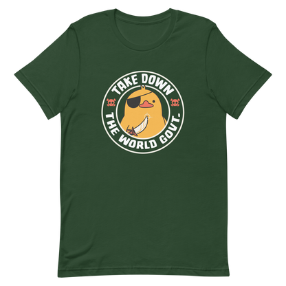 A stamp-like design featuring a fearless duck wearing an eyepatch and wielding a sword, with the words “Take Down The World Govt.” written around it. This artwork represents rebellion and independence for those who refuse to follow rules . Ideal for free-spirited people, pirate adventures appreciators, duck lovers or those who simply enjoy unique and irreverent art.