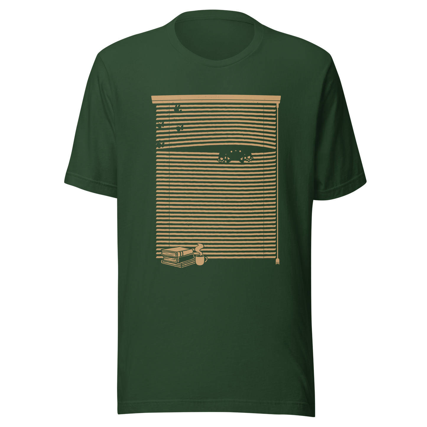 A Venetian blind with a stack of books in front of it and a small black cat peeking through a gap as if spying on the outside world. A charming and playful piece of art, perfect for cat owners, book lovers, and anyone who enjoys cozy, whimsical illustrations.