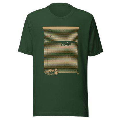 A Venetian blind with a stack of books in front of it and a small black cat peeking through a gap as if spying on the outside world. A charming and playful piece of art, perfect for cat owners, book lovers, and anyone who enjoys cozy, whimsical illustrations.