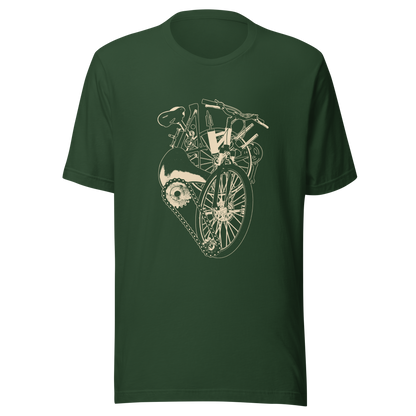 A single-colour artwork that forms an anatomical heart crafted entirely from bicycle parts, including wheels, handlebars, chains and other mechanical details. A clean and minimalist composition that blends creativity with a love for cycling. Perfect for cyclists, bike enthusiasts and anyone passionate about life on two wheels.