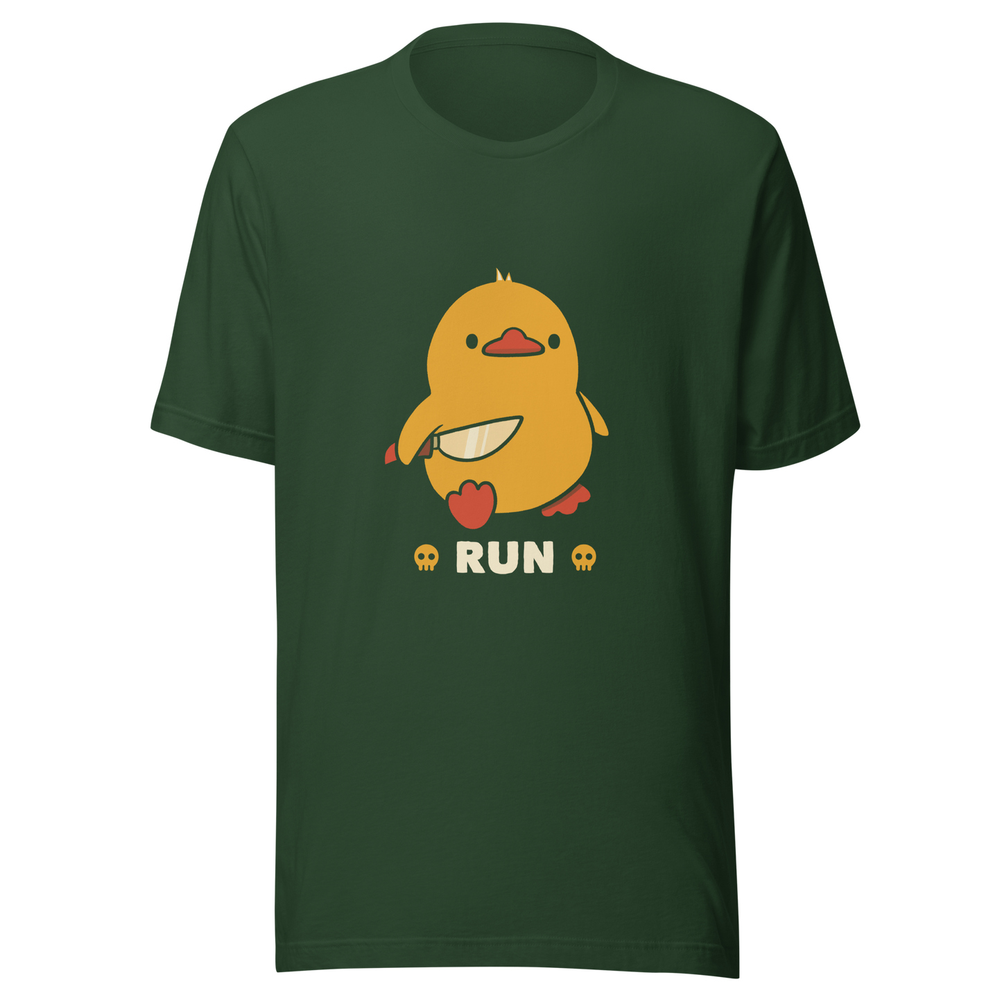 A cute yellow duck holding a small knife, with the text "Run" below it. This artwork blends humor with the ducks temperament.