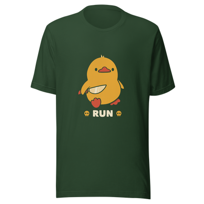 A cute yellow duck holding a small knife, with the text "Run" below it. This artwork blends humor with the ducks temperament.