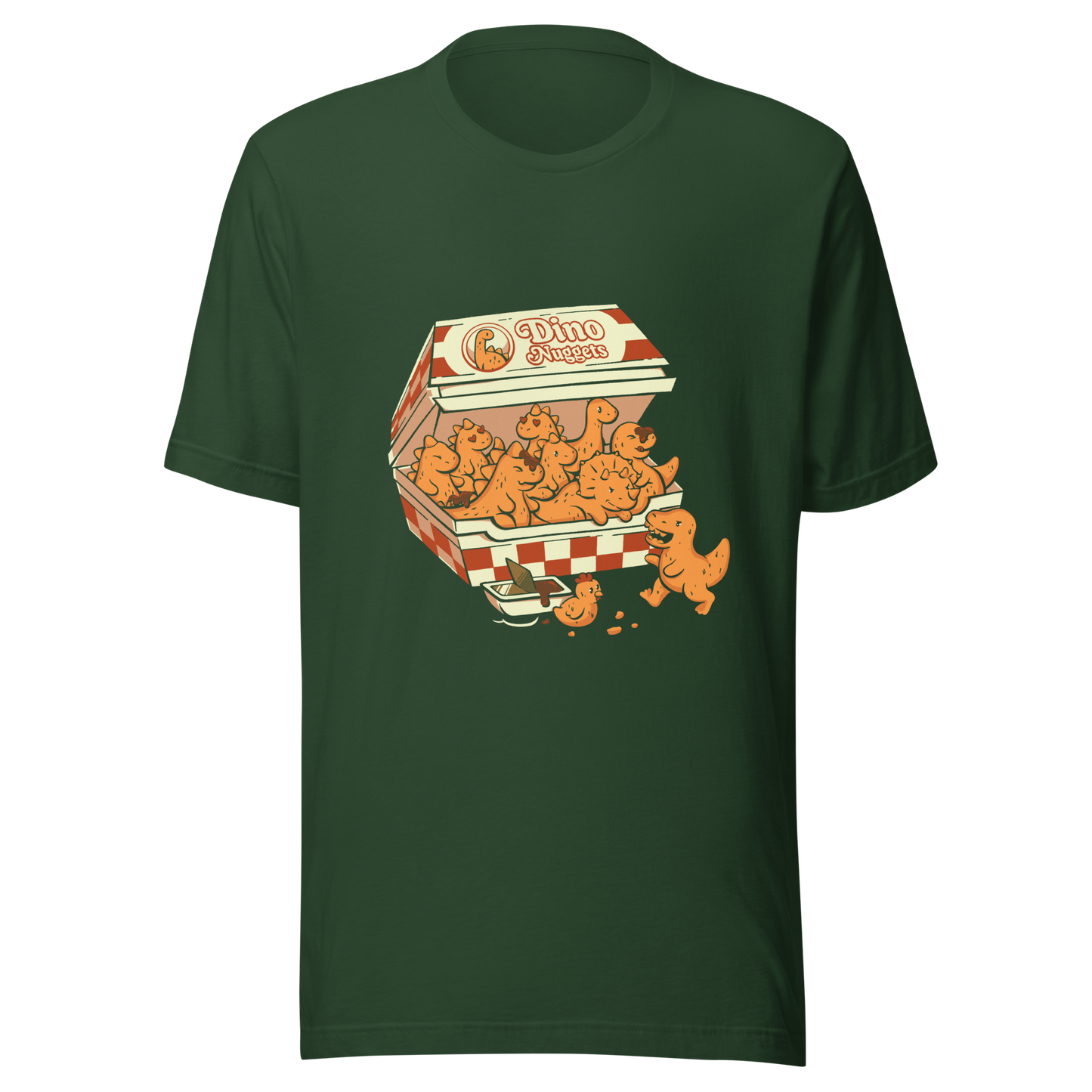 A box with the "Dino Nuggets" logo filled with crispy, golden nuggets shaped like various dinosaurs and a chicken. This design blends humor and creativity in a playful take on this beloved snack. Perfect for pop culture fans, food lovers, or anyone looking for an original gift.