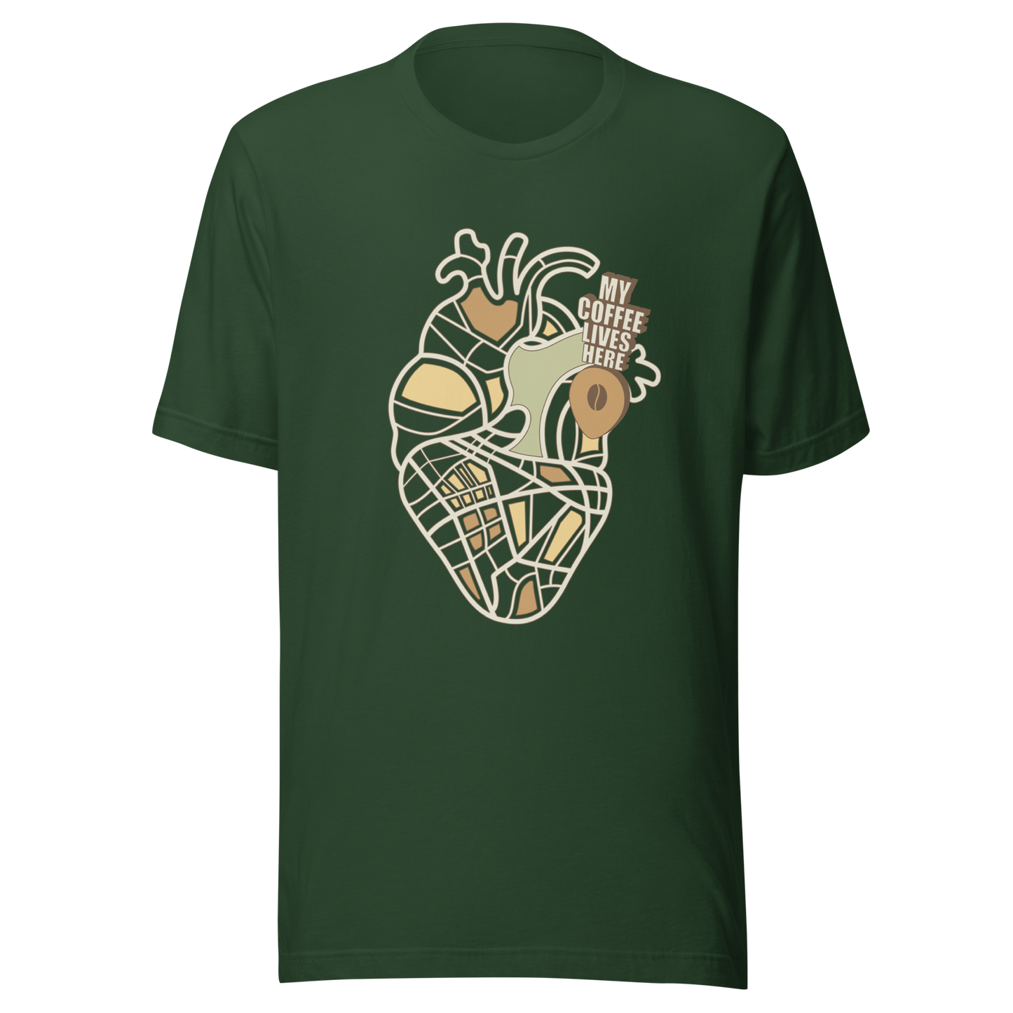 An anatomical heart illustrated like a map, marked with a small coffee-bean pin beside the phrase “My Coffee Lives Here”. A symbolic and cozy design that blends warmth and creativity, perfect for coffee lovers who treat their favorite brew as the fuel that keeps their heart beating.