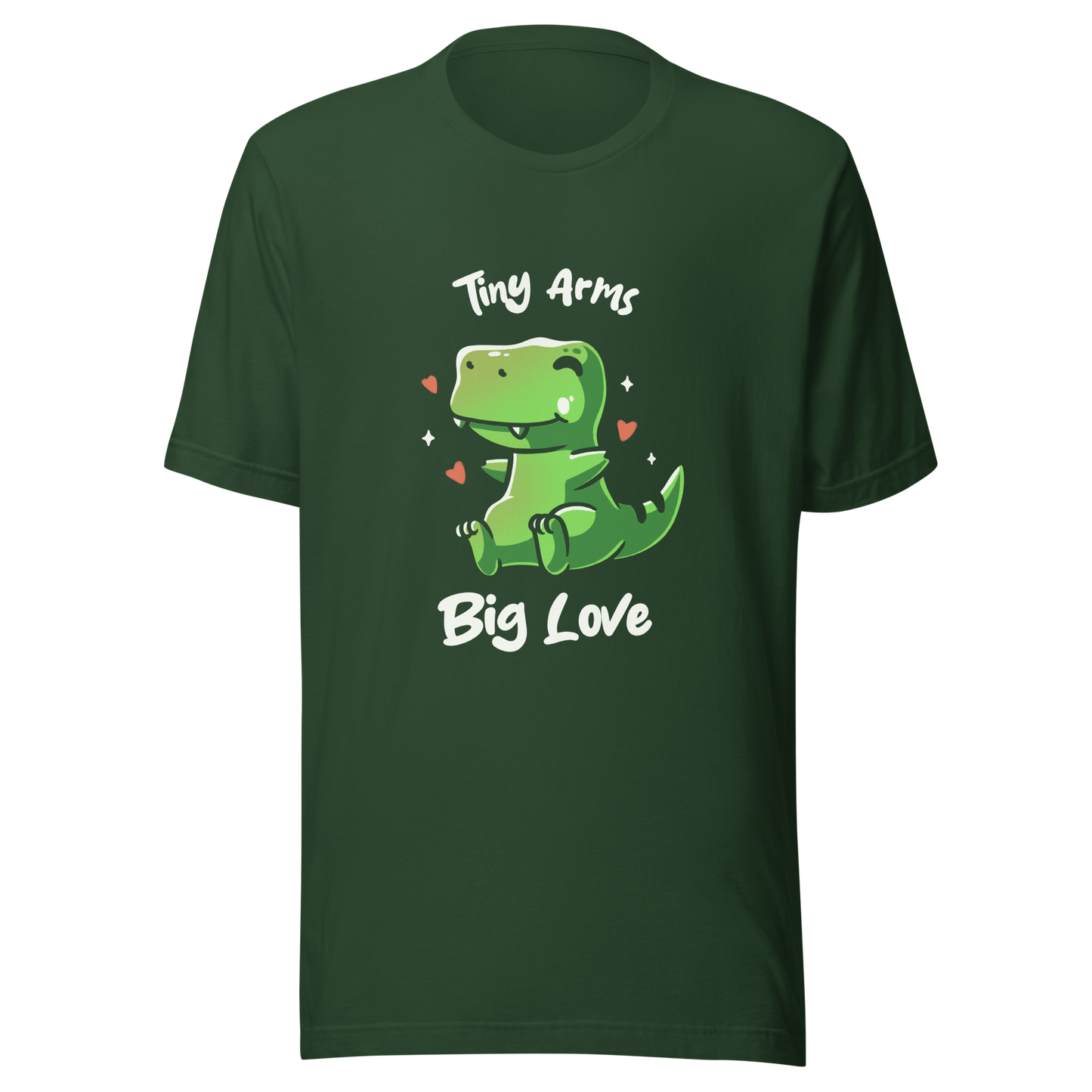 An adorable T-Rex appears in the center, with its short arms and cute smile. This design plays with the contrast between the dinosaur's ferocity and the phrase "Tiny arms, big love," delivering humor and affection. Perfect for those who love geeky, fun, and personality-filled prints, especially dinosaur fans and those with a soft heart.