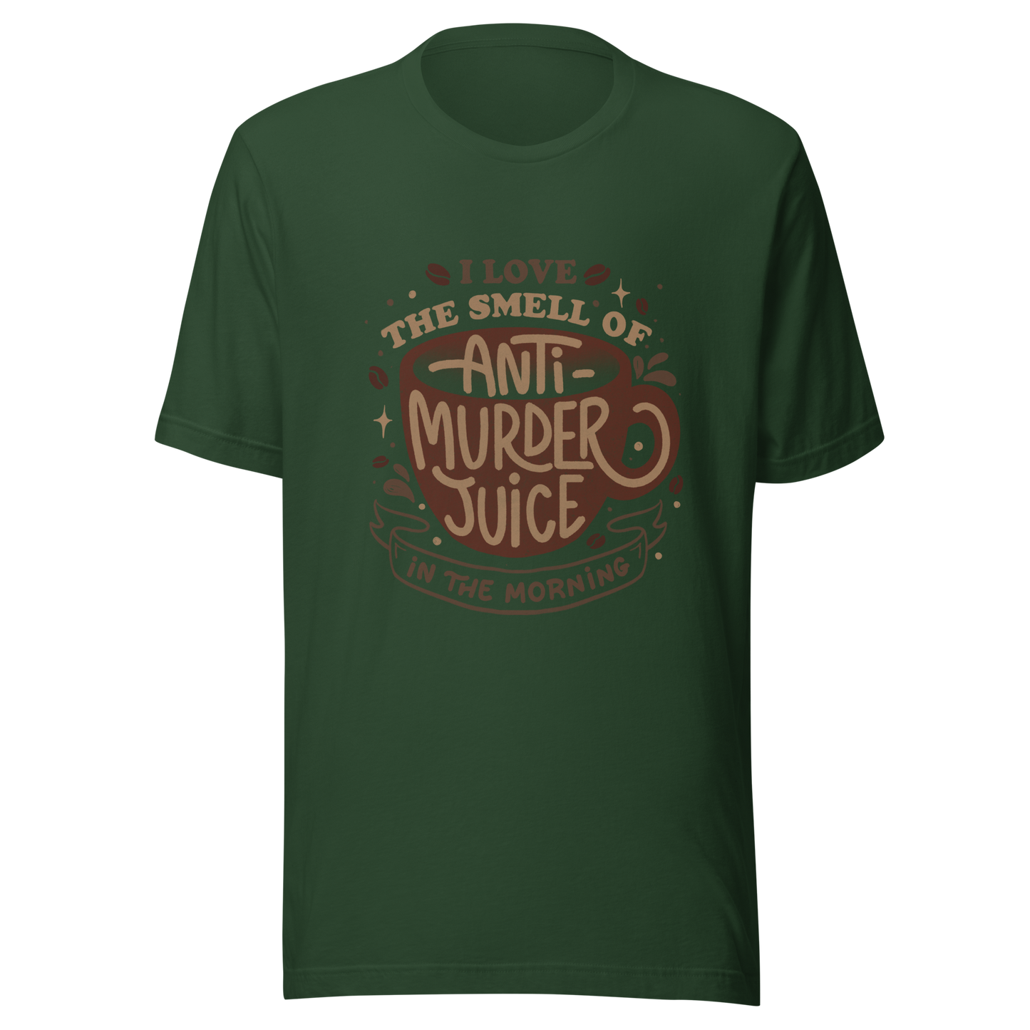 The artwork features a stylized mug in earthy tones with the lettering "I love the smell of anti-murder juice in the morning", creating a strong and well-defined visual. The art transforms coffee into the famous "anti-murder juice", playfully referencing the acidic humor of those who only function after caffeine. Ideal for coffee lovers, those who appreciate retro design, expressive lettering, and humorous prints.