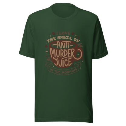 The artwork features a stylized mug in earthy tones with the lettering "I love the smell of anti-murder juice in the morning", creating a strong and well-defined visual. The art transforms coffee into the famous "anti-murder juice", playfully referencing the acidic humor of those who only function after caffeine. Ideal for coffee lovers, those who appreciate retro design, expressive lettering, and humorous prints.