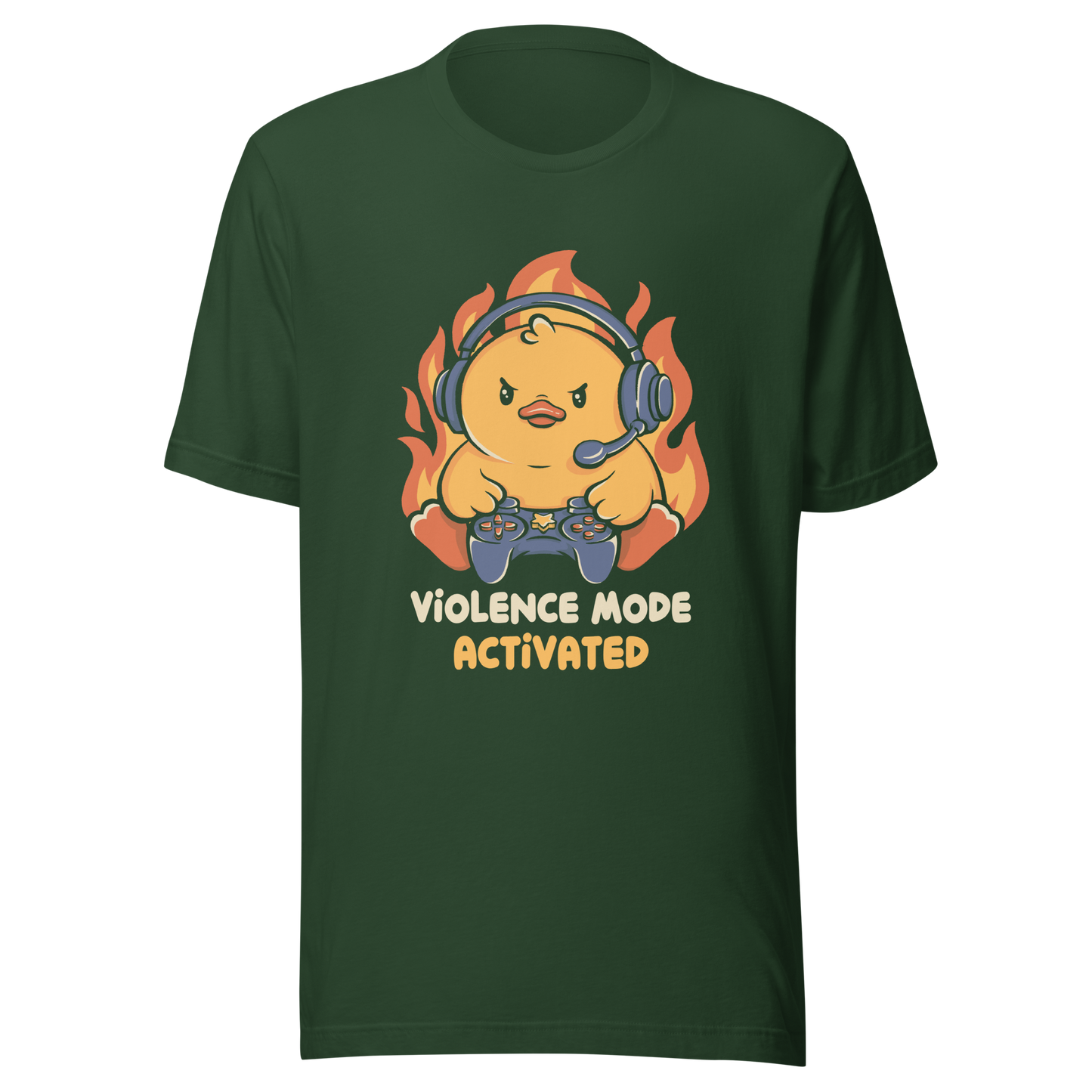 A determined duck, with flames behind it, wearing a gaming headset and holding a controller with intense focus. This design captures the humorous intensity of going full "violence mode" during competitive matches. Perfect for gamers, streamers, and fans of bold and fun geek designs.